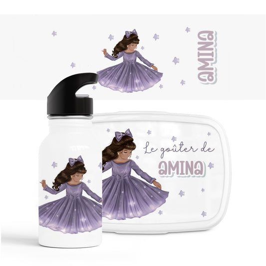 Ensemble gourde + boîte à goûter "Princesse violette"