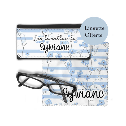 Étui à lunette + Lingette (Offerte) "Fleur bleu"