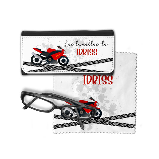 Étui à Lunette Enfant Rigide Personnalisé "Moto" Lingette offerte